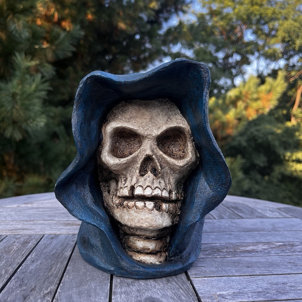 Vintage Halloween Skull Grim Reaper 7" Blue Hooded Bust Skeleton Decor w Box